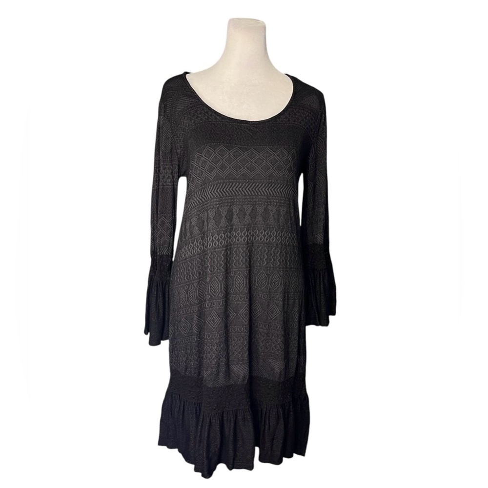 Green Dragon Black Patterned Bell Sleeve Dress Size Small